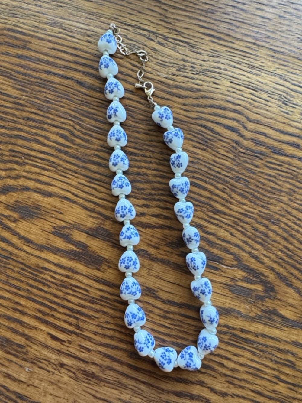 Anthropologie Blue Porcelain Chinoiserie Floral Heart Bead Necklace